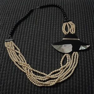 Vintage Bead Statement Necklace Black White Multi Strand Necklace